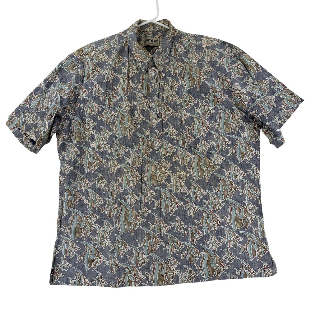 Cooke‎ Street Shirt Mens XL Blue Fish Hawaiian Short Sleeve Button Up Aloha